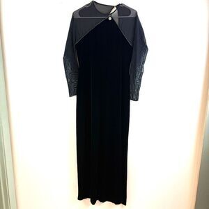 Vintage 90s Y2k Whimsigoth Dress Black Velvet Maxi Sheer Rhinestone Witchy Sz 12